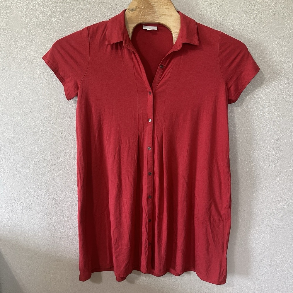 J Jill Size Medium Petite MP‎ Red Button Up Collared Soft TShirt Dress Pockets